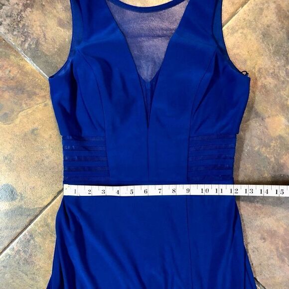 Morgan & Co. Blue Maxi Plunging V neck, Side Mesh Cutouts A-Line Size 5 - Picture 9 of 16